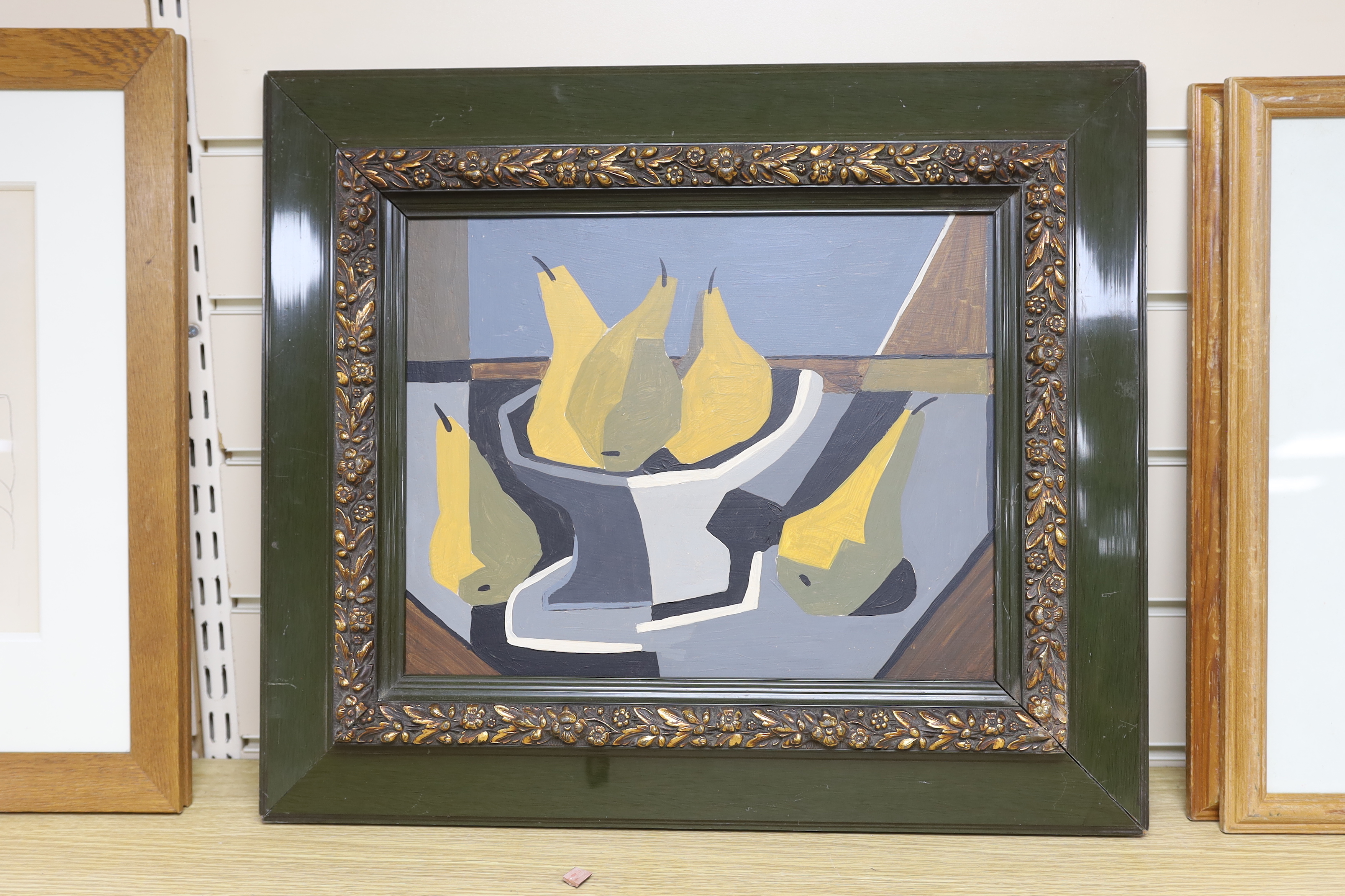 Cubist style, oil on board, Still life of pears in a bowl, unsigned, 27 x 35cm